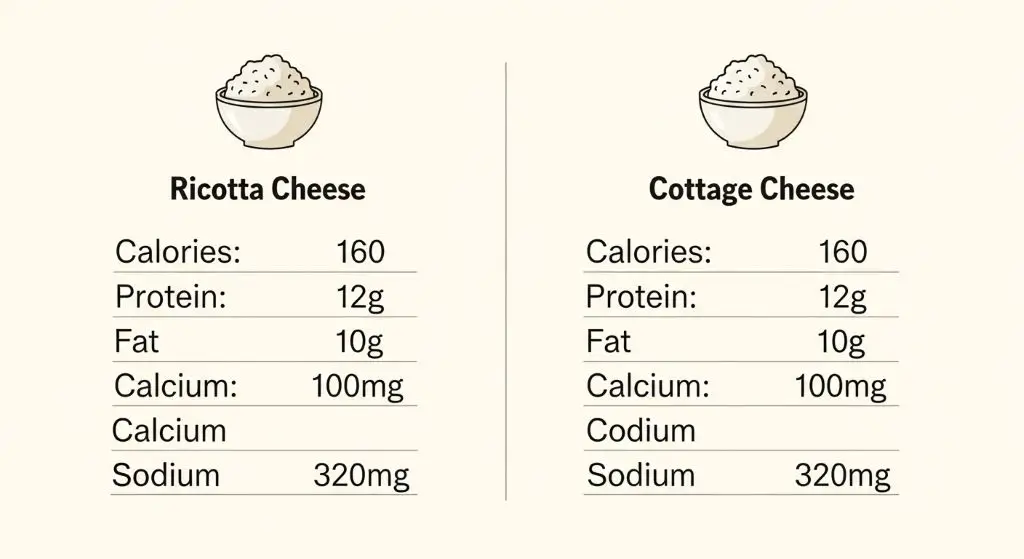 Ricotta vs cottage cheese nutrition chart comparing protein, calories, fat, calcium, and sodium for healthy diet and fitness choices.