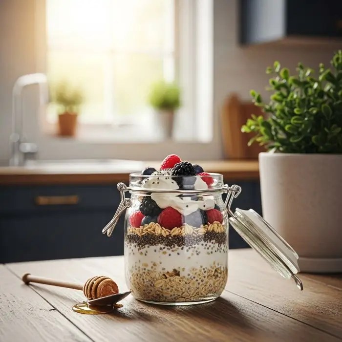 Scandinavian overnight oats with yogurt, chia seeds, and berries in a jar, a healthy oatmeal for weight loss breakfast.