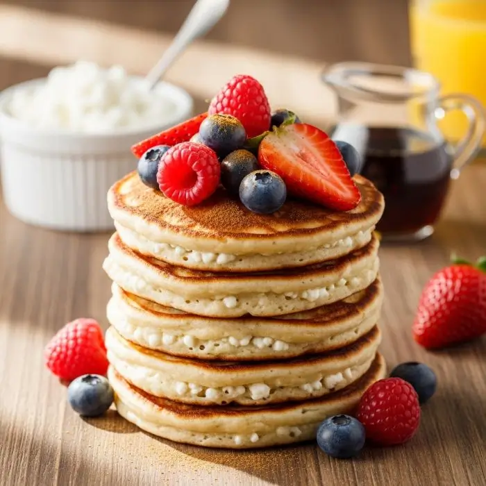 Fluffy cottage cheese protein pancakes topped with berries and cinnamon, a healthy high-protein American breakfast option.