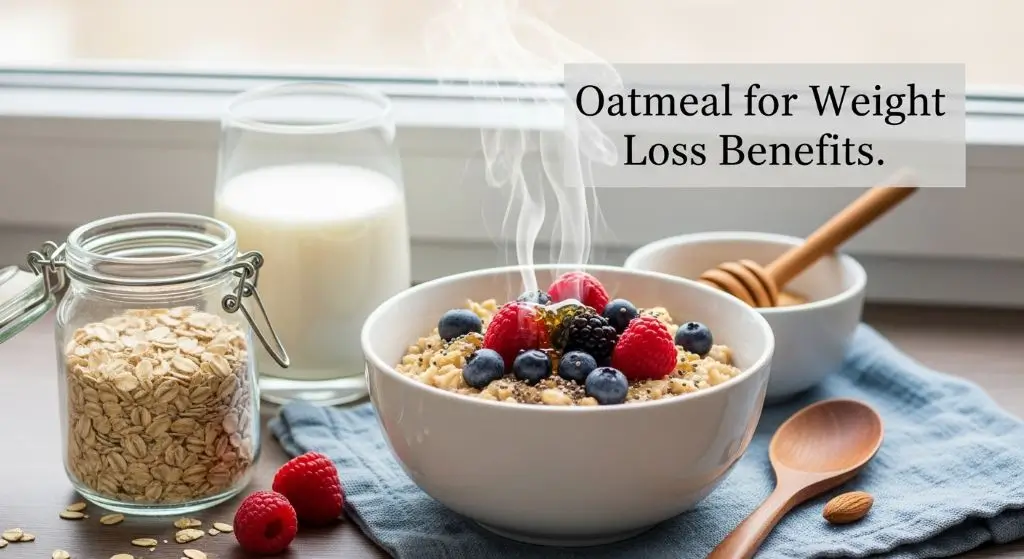 A bowl of oatmeal for weight loss topped with berries, chia seeds, and honey, showing a nutritious, filling breakfast.