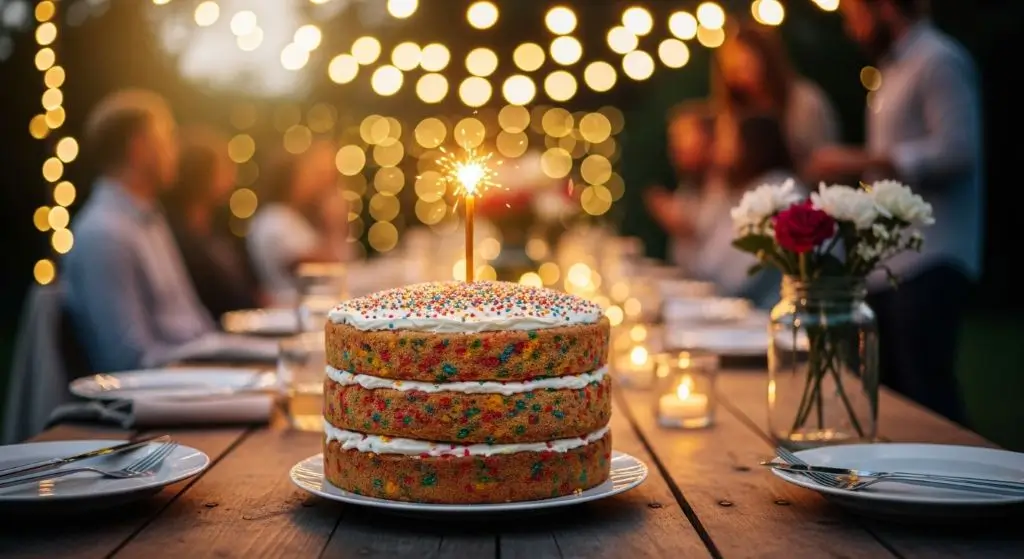 Homemade Funfetti cake with sprinkles and sparkling candle on a garden party table at night, blurred fairy lights glowing in the background.