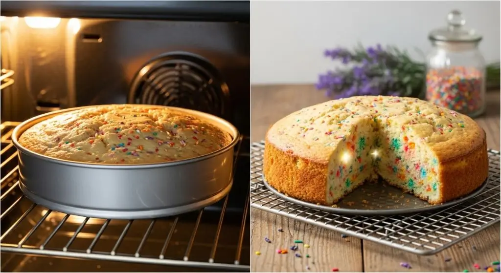 Split view of baking and cooling the best funfetti cake recipe, oven rise then rack cool for a perfect moist texture.