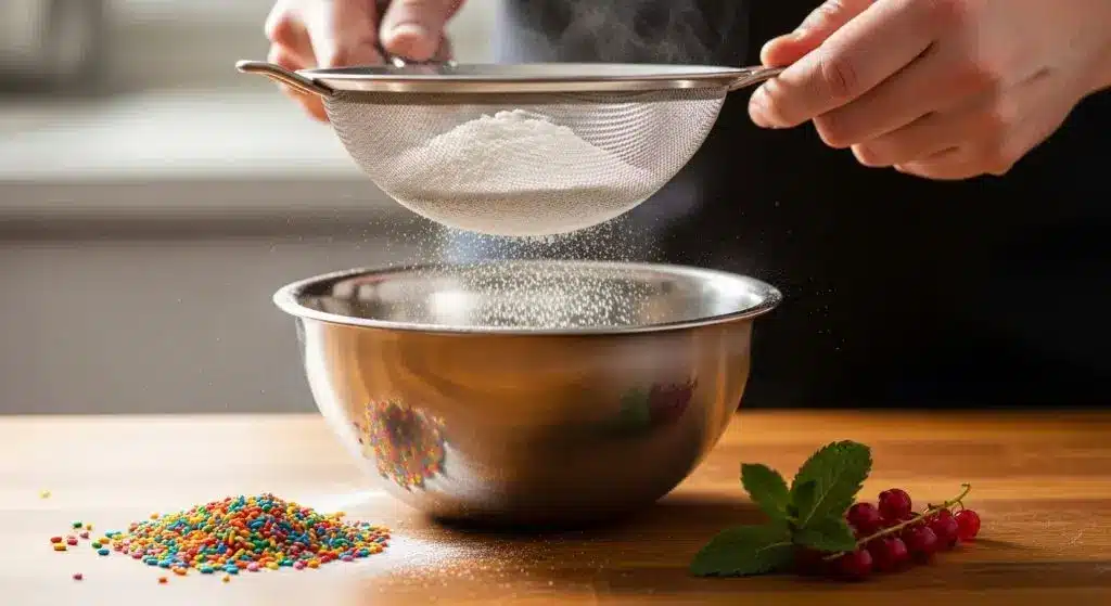 Chef sifting dry ingredients for the best funfetti cake recipe, flour, baking powder and salt ready for a sprinkle-bright batter.