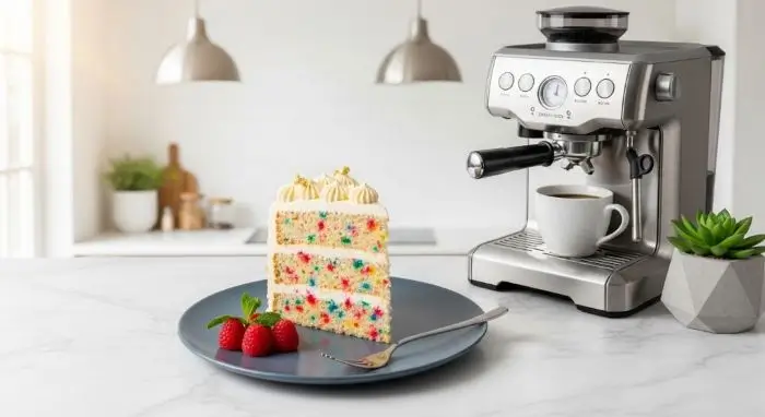 Bbest funfetti cake slice garnished with gold leaf, raspberries and mint on sleek plate in modern kitchen.