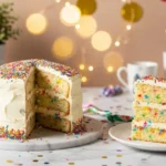 Classic hero image of the best funfetti cake recipe—three snowy vanilla layers showered in rainbow sprinkles