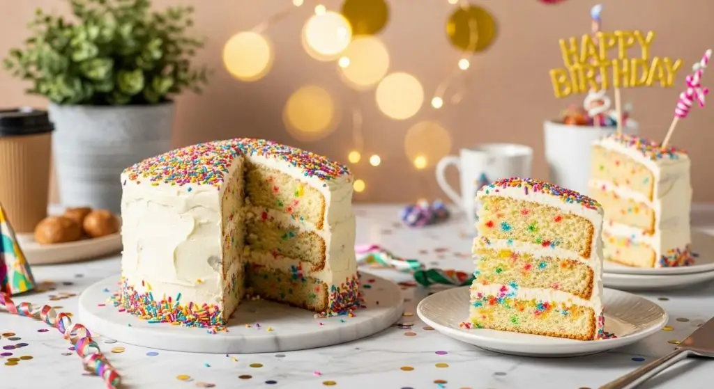 Classic hero image of the best funfetti cake recipe—three snowy vanilla layers showered in rainbow sprinkles