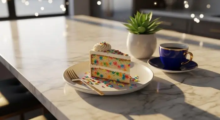 Golden-lit plated slice of the best funfetti cake recipe on modern kitchen counter, perfect party dessert ready to serve.