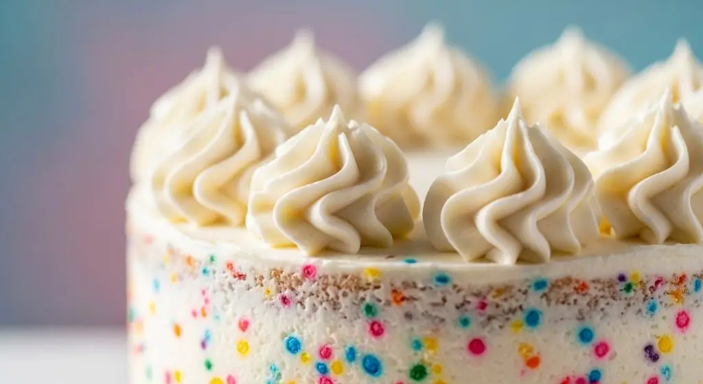 Slice of the best funfetti cake recipe showing rainbow sprinkles melted into moist vanilla  party centerpiece.