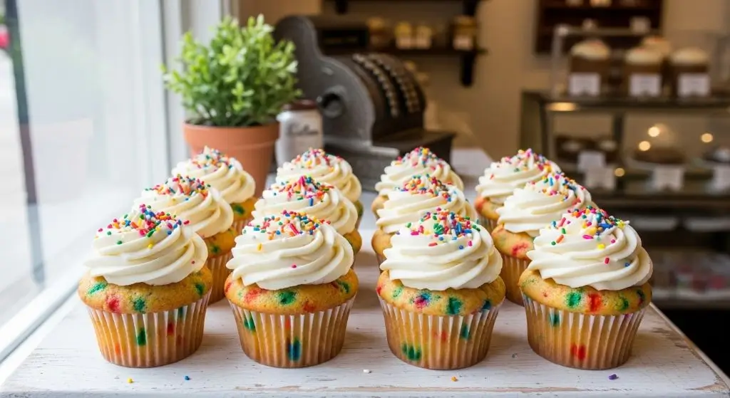 Funfetti cupcakes recipe: domed vanilla cakes with rainbow sprinkles and fluffy buttercream swirls in a bright bakery-style grid.