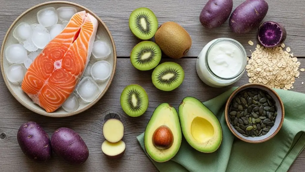 how to get rid of stress belly with cortisol calming foods salmon oats kefir pumpkin seeds and avocado