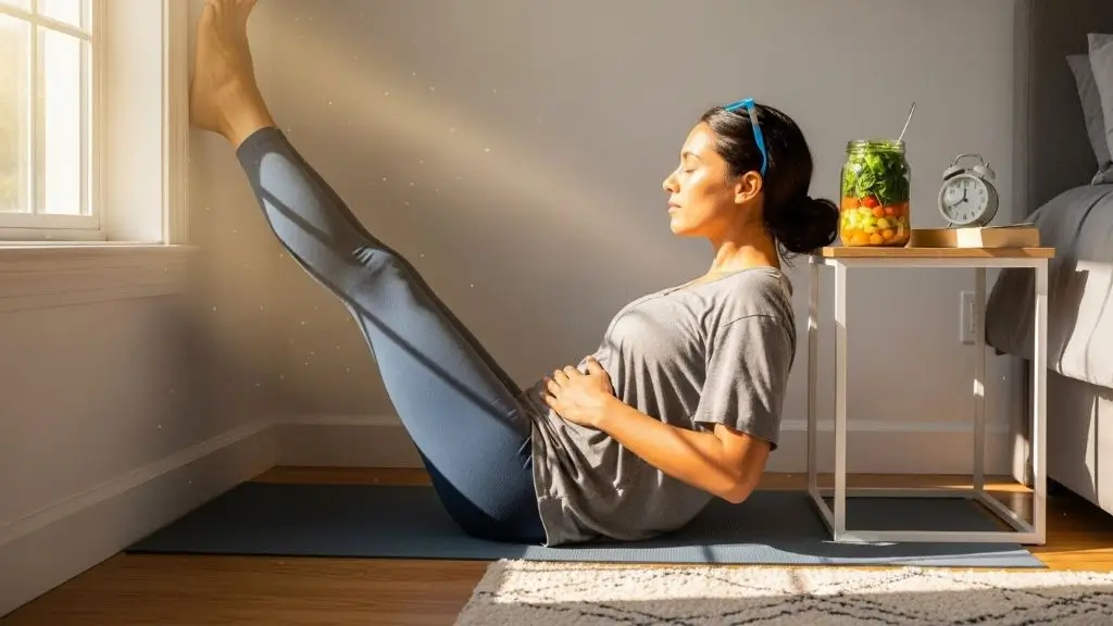 how to get rid of stress belly with morning sunlight legs up wall pose 4 7 8 breathing and batch cooking