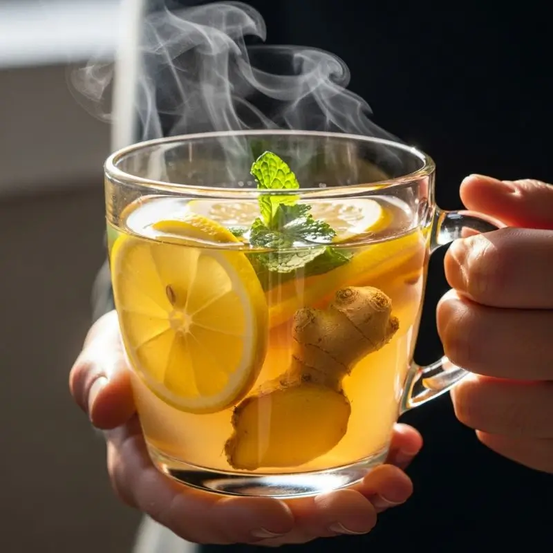 stress belly symptoms eased with warm lemon ginger cleanse drink that lowers cortisol and aids digestion